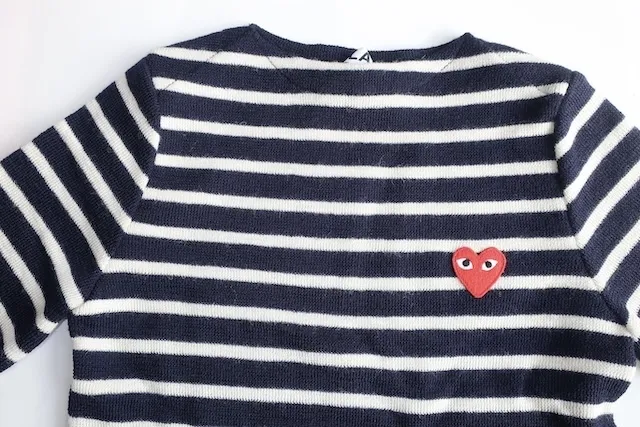 Crew Neck Wool Long Sleeve Logo Top with Stripes and Heart