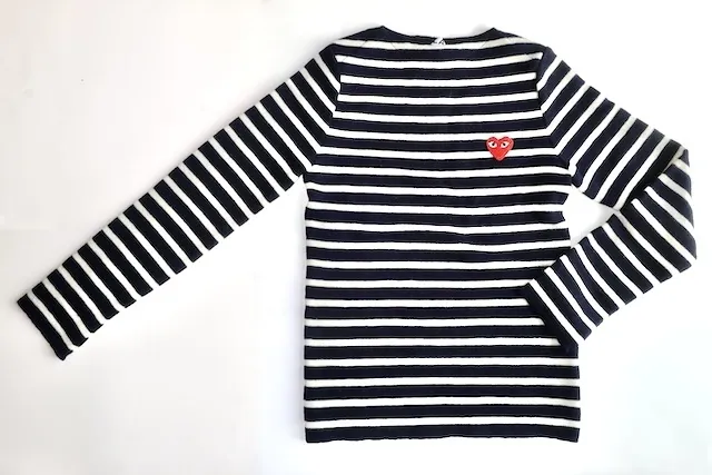 Crew Neck Wool Long Sleeve Logo Top with Stripes and Heart