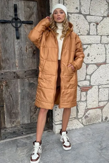 Long Quilted Coat with Hood and Double Pockets