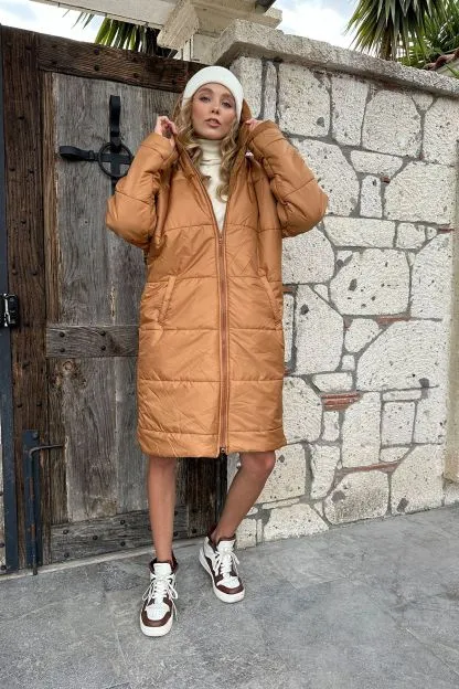 Long Quilted Coat with Hood and Double Pockets