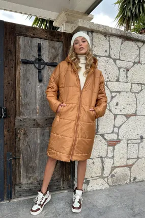 Long Quilted Coat with Hood and Double Pockets