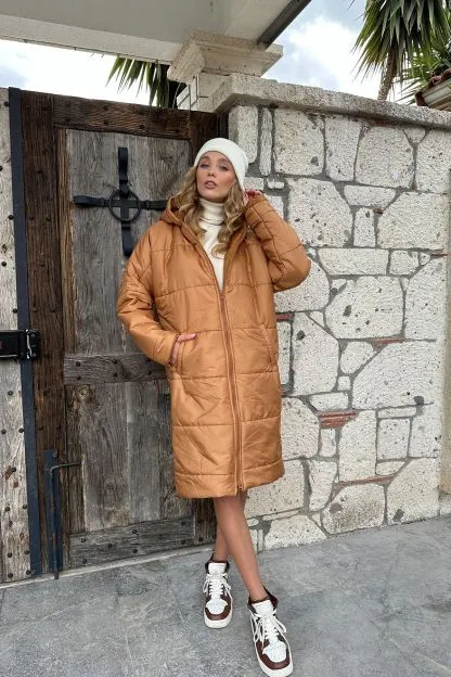 Long Quilted Coat with Hood and Double Pockets