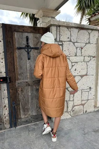 Long Quilted Coat with Hood and Double Pockets