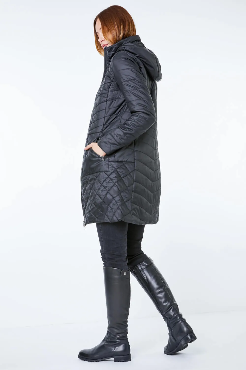 Black Longline Quilted Coat with Hood