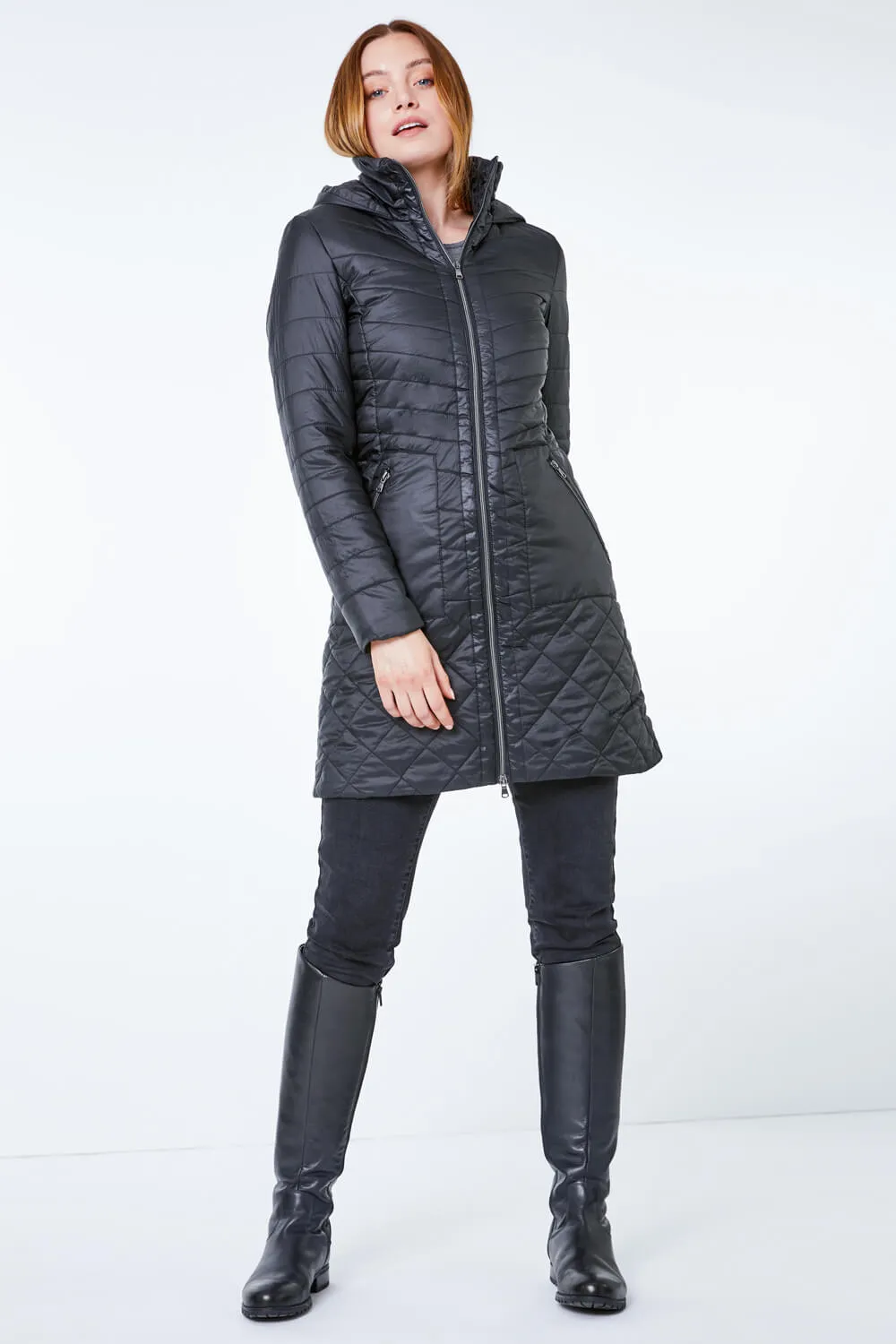 Black Longline Quilted Coat with Hood