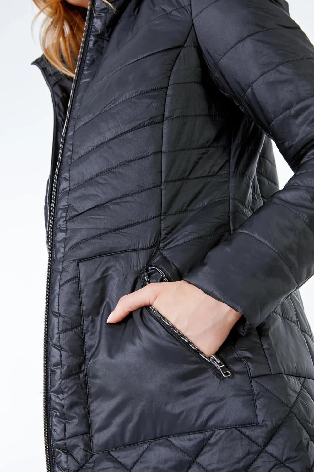 Black Longline Quilted Coat with Hood