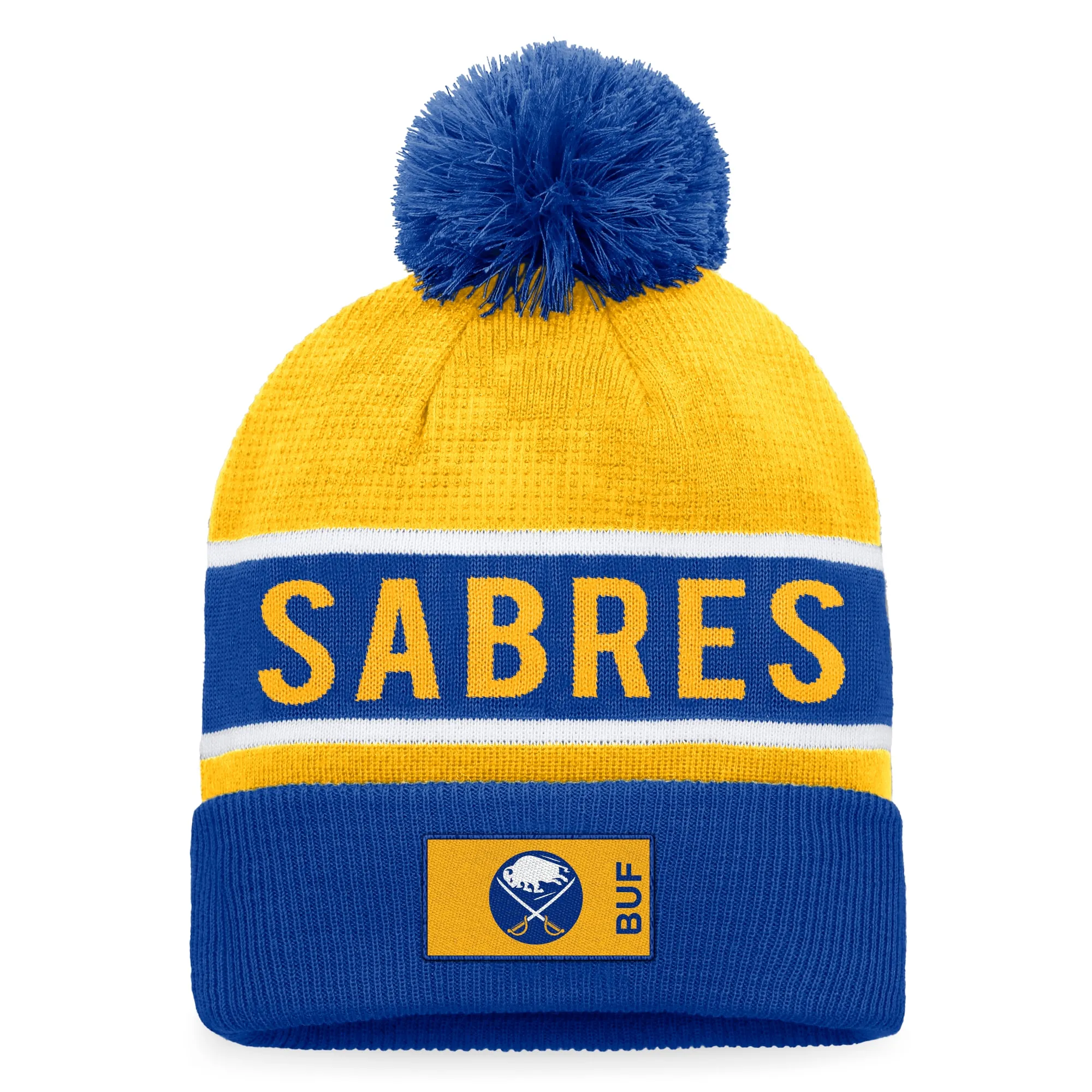 Men's Buffalo Sabres Royal Gold Authentic Pro Rink Cuffed Knit Hat with Pom