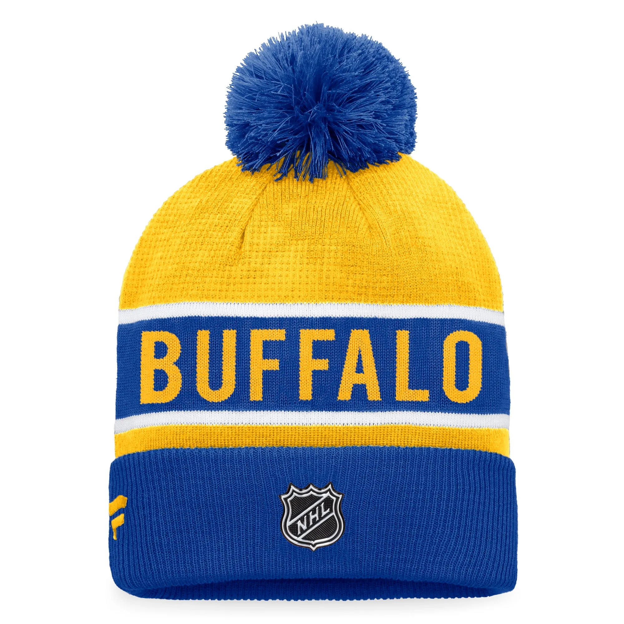 Men's Buffalo Sabres Royal Gold Authentic Pro Rink Cuffed Knit Hat with Pom