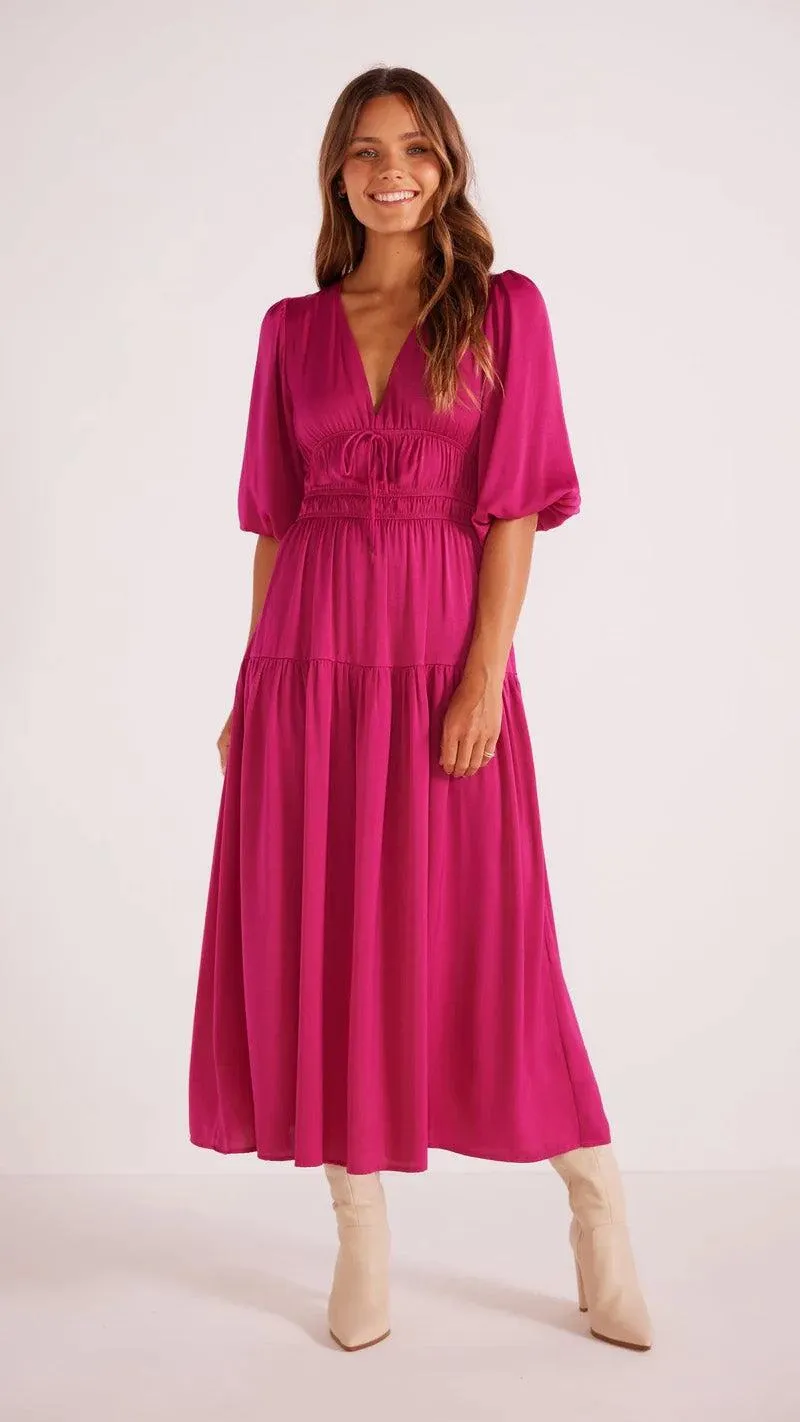 Safira Satin Midi Dress In Berry by Minkpink