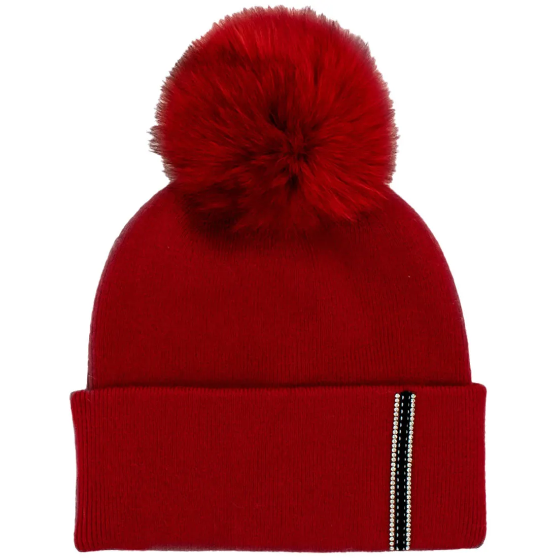 Mitchie's Matchings Knit Hat with Sparkle Strip and Fox Pom - Women's