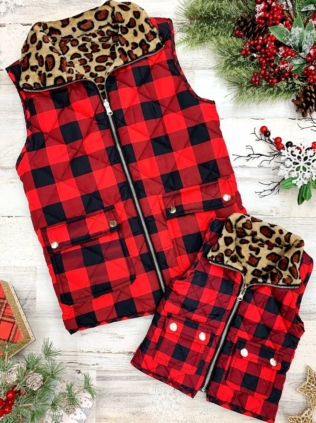 Leopard Lined Plaid Quilted Vest for Mommy And Me