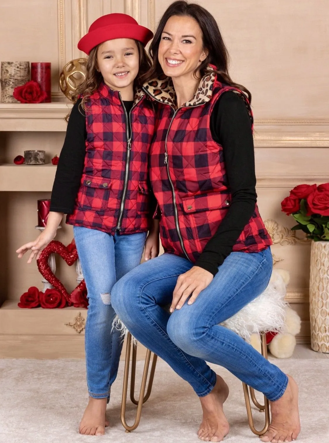 Leopard Lined Plaid Quilted Vest for Mommy And Me