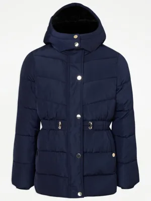 Navy Waist Detail Short Hooded Padded Coat Kids George ASDA