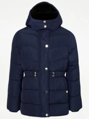 Navy Waist Detail Short Hooded Padded Coat Kids George ASDA