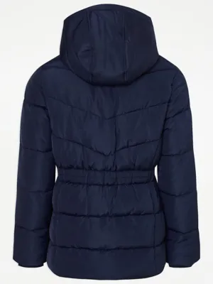 Navy Waist Detail Short Hooded Padded Coat Kids George ASDA