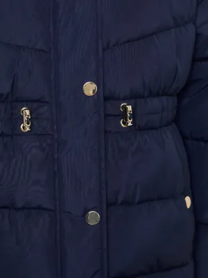 Navy Waist Detail Short Hooded Padded Coat Kids George ASDA