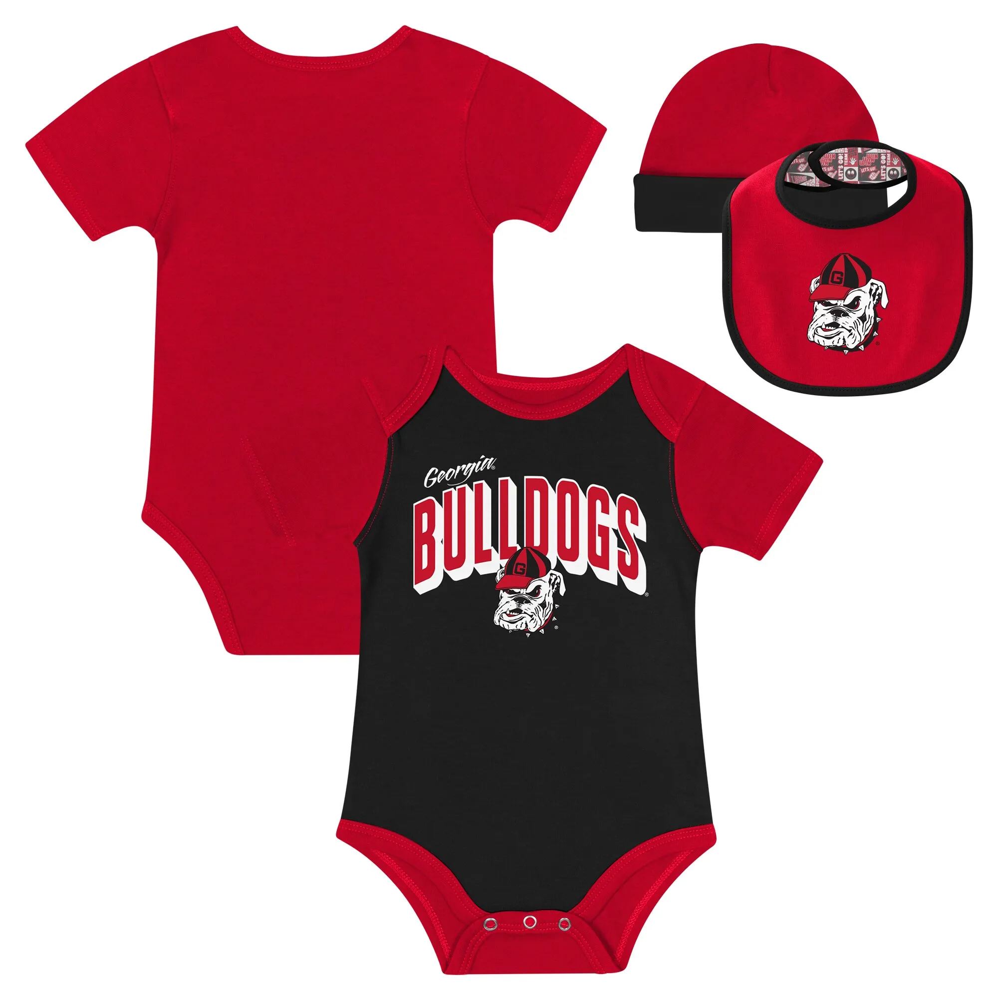 Newborn and Infant Georgia Bulldogs Dynamic Duo Bodysuit, Bib and Cuffed Knit Hat Set