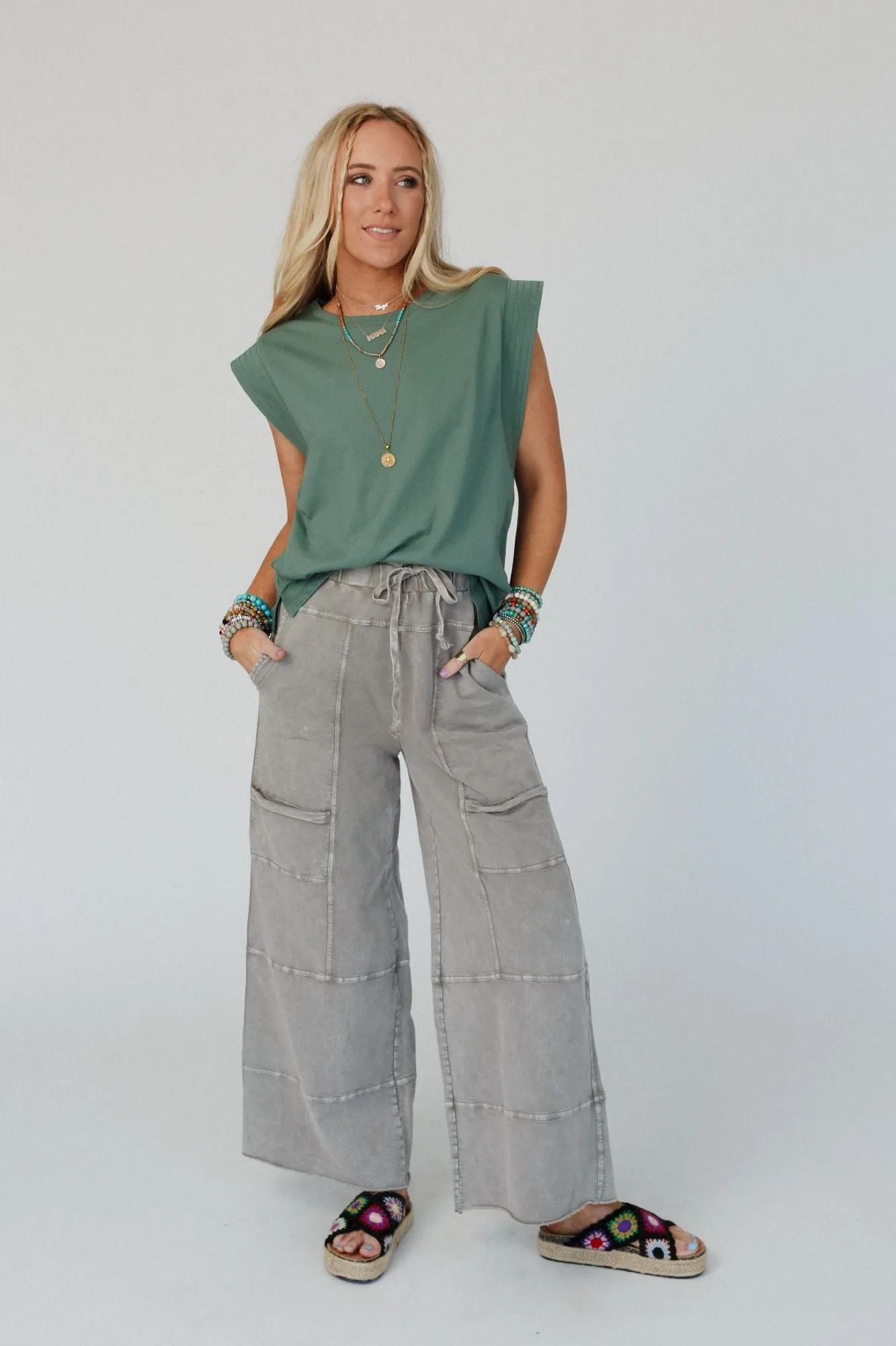 Olive Gray Lucky One Wide Leg Full Pant