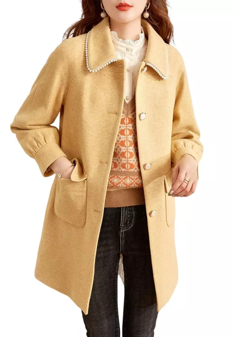 ONX.HK Pearl Collar Mid Length Wool Coat