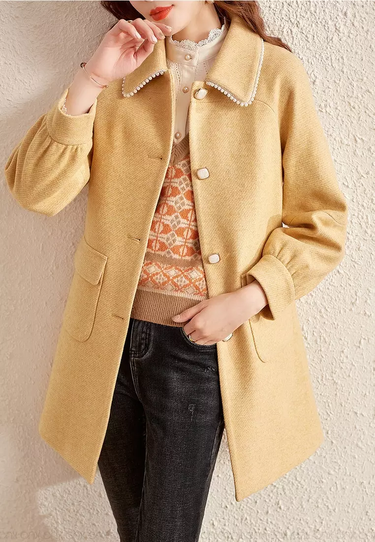 ONX.HK Pearl Collar Mid Length Wool Coat