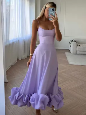 Prom Midi Dress Lilac Spaghetti Strap Backless Party Style with Cupcake Edge