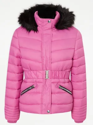 Kids Pink Padded Coat with Belt at George by ASDA