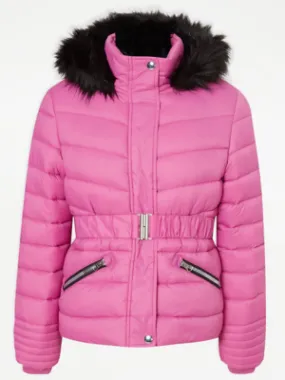 Kids Pink Padded Coat with Belt at George by ASDA