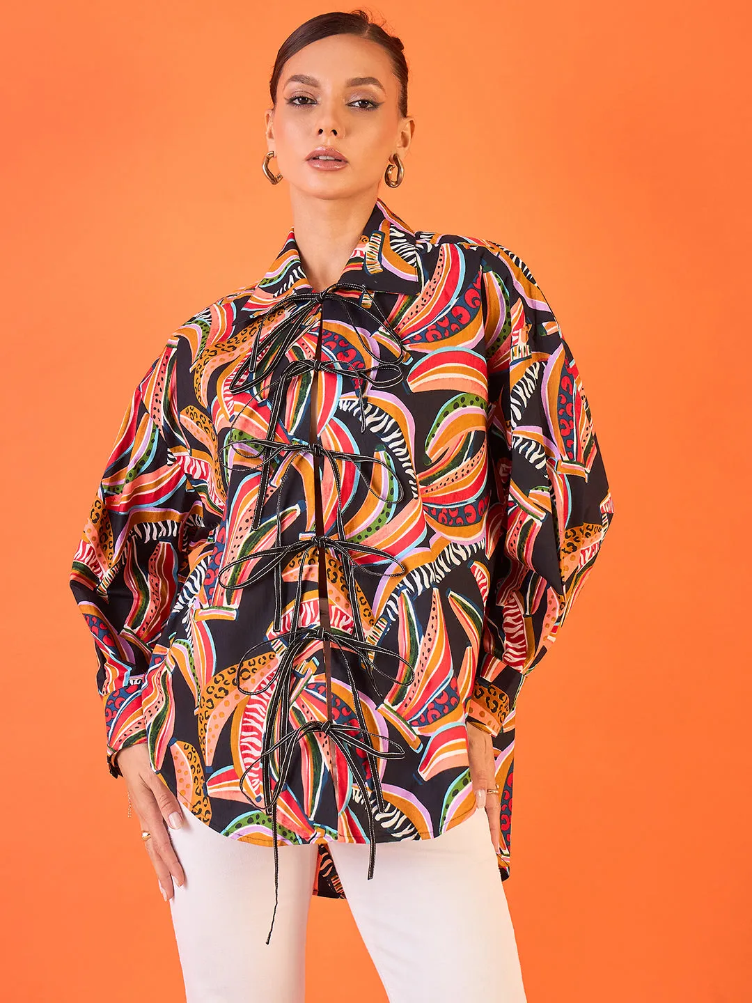 Printed Full Sleeve Cotton Shirt with Tie-Up