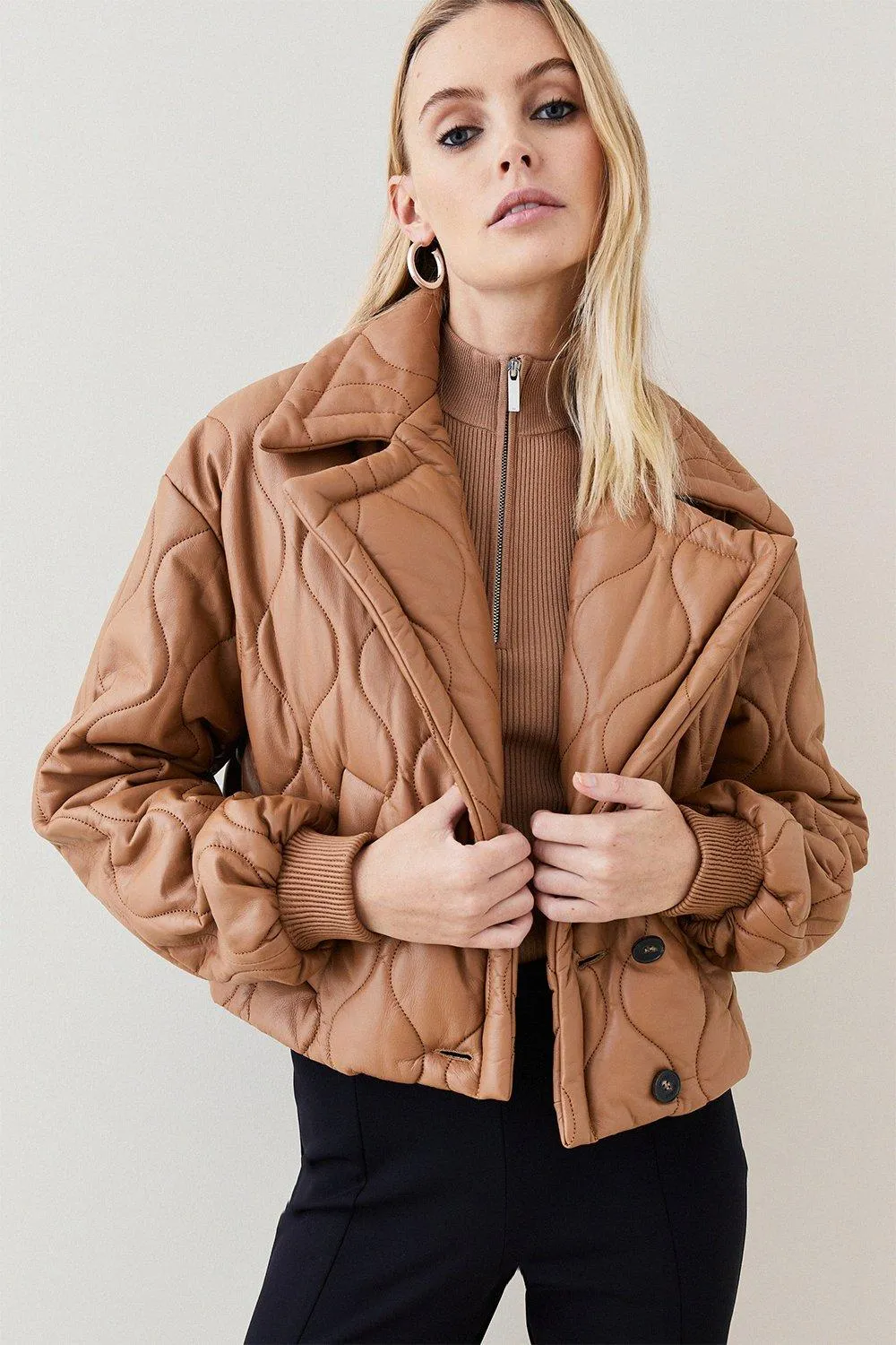 Leather Quilted Bomber Coat with Puffer Stitch Karen Millen