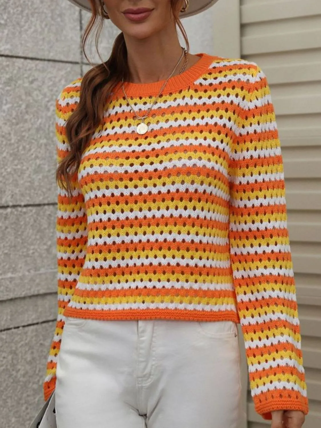 Striped Openwork Knit Pullover with Long Sleeves