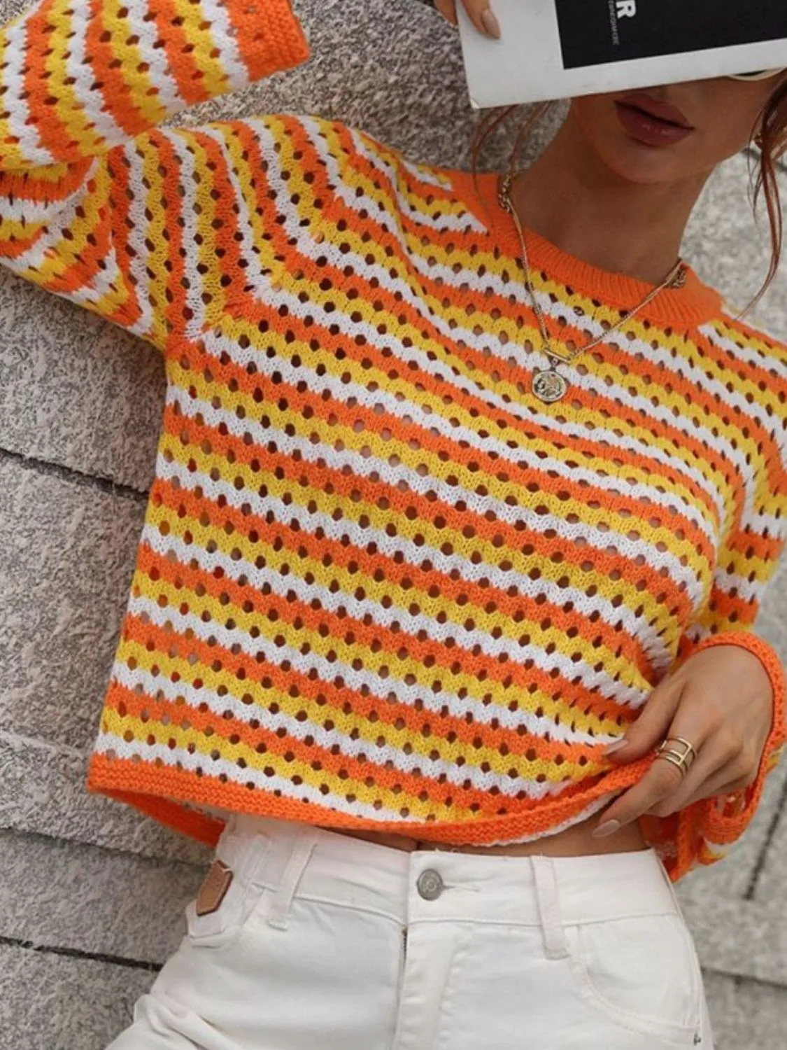 Striped Openwork Knit Pullover with Long Sleeves