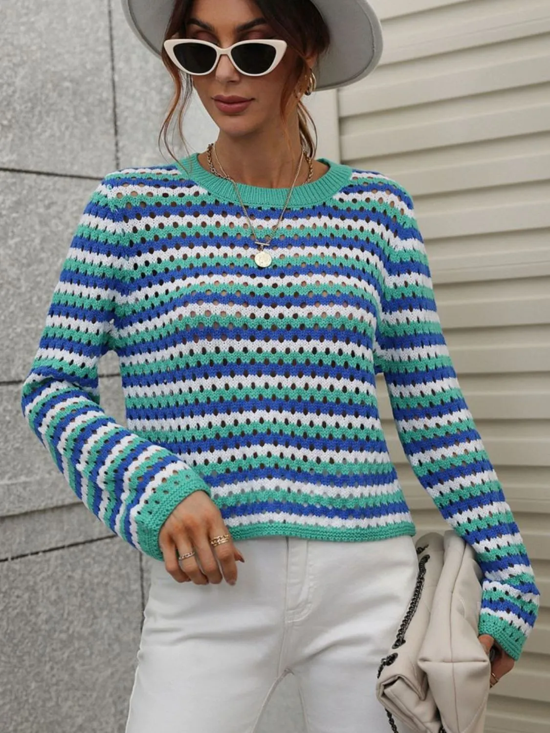 Striped Openwork Knit Pullover with Long Sleeves