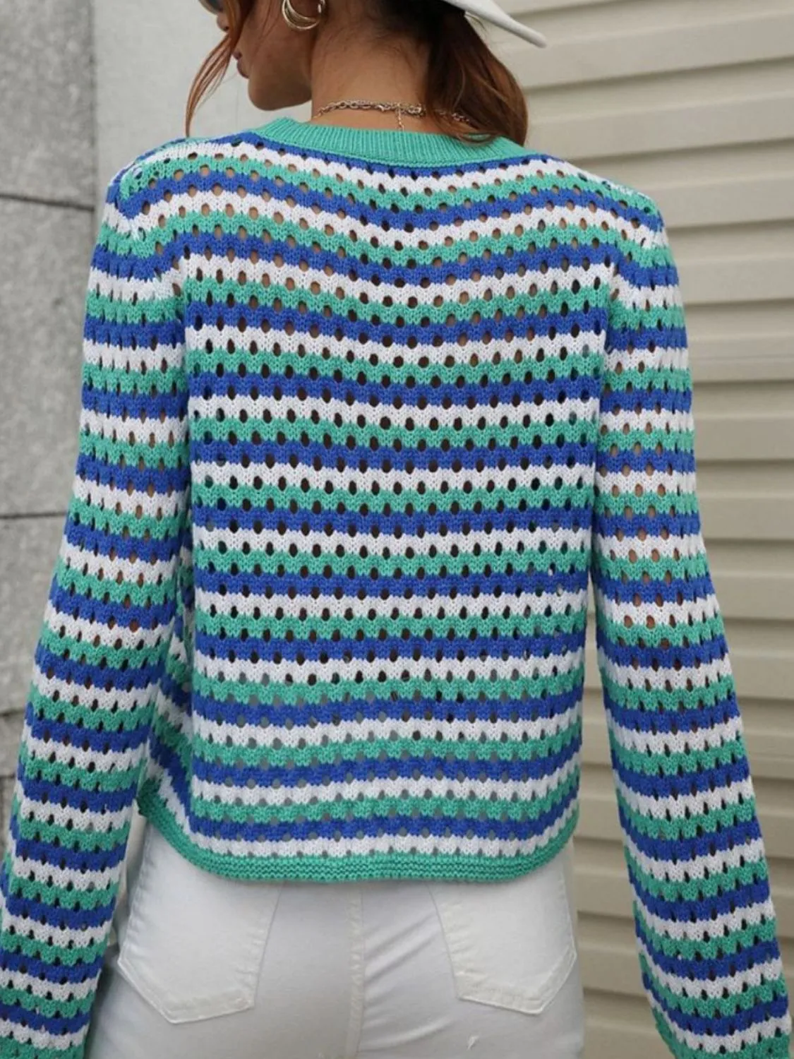 Striped Openwork Knit Pullover with Long Sleeves