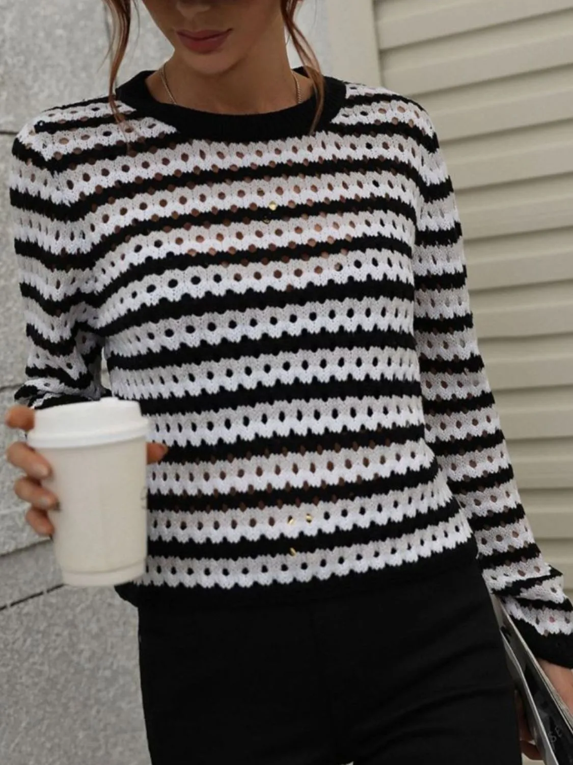 Striped Openwork Knit Pullover with Long Sleeves