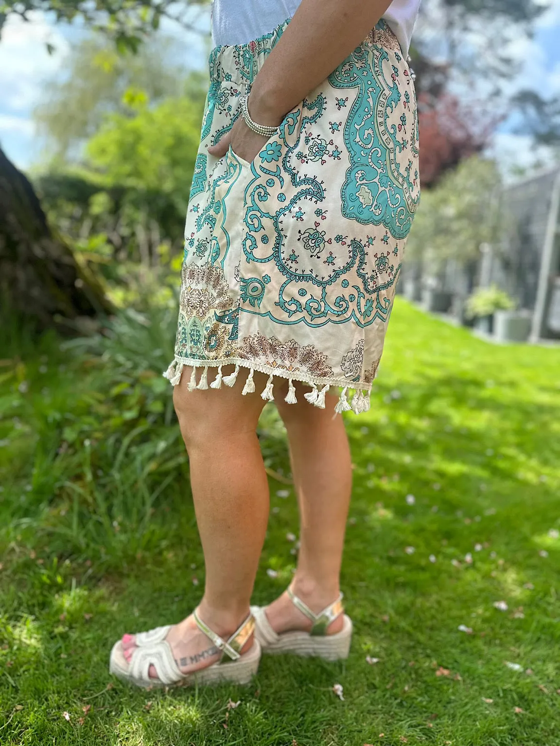 Teal Print Tassel Shorts