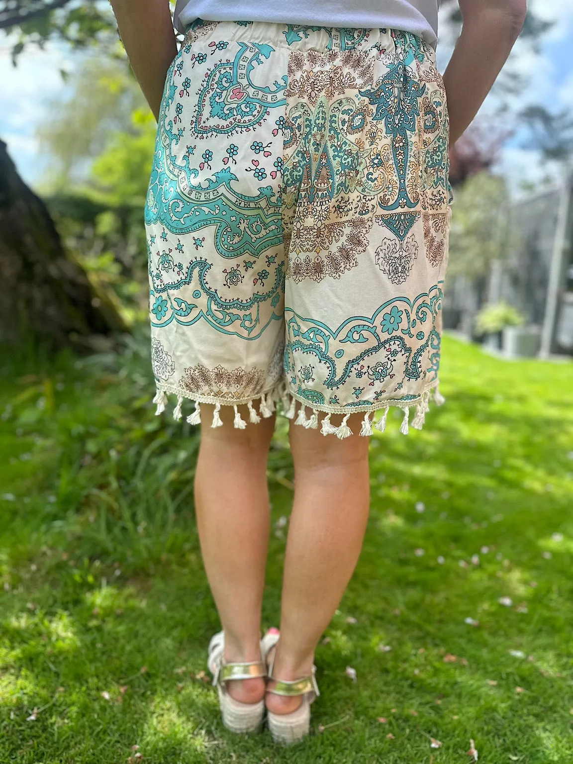 Teal Print Tassel Shorts