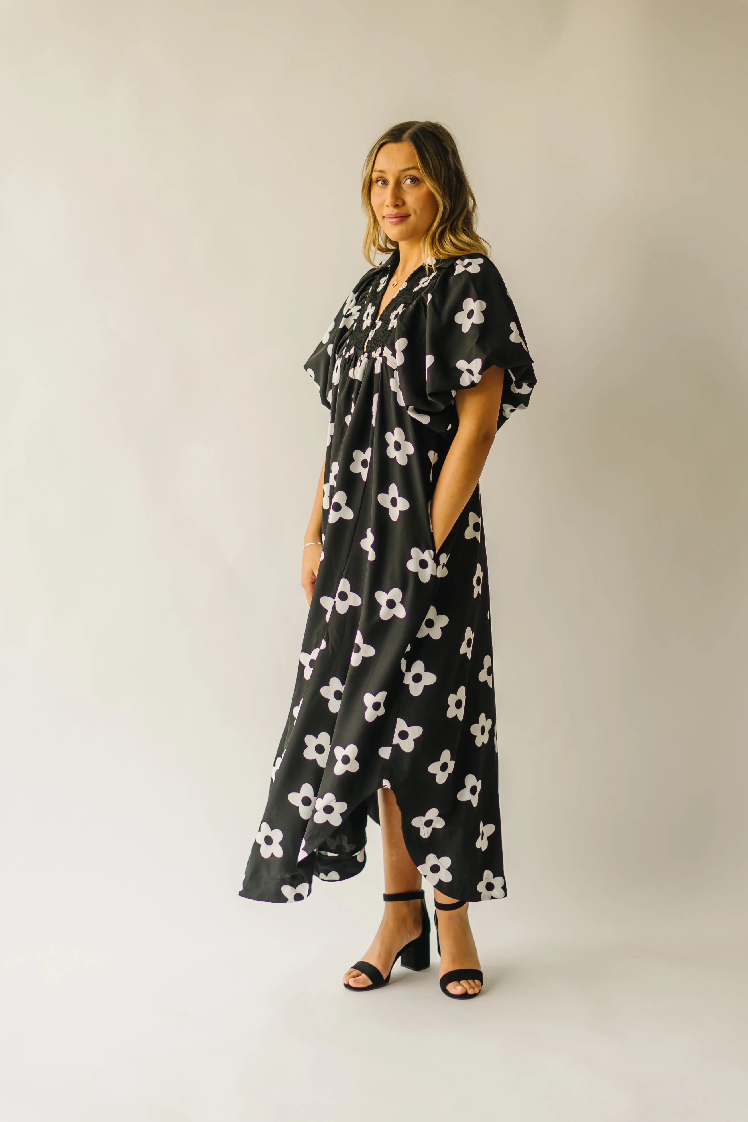 Black Smocked Detail Midi Dress