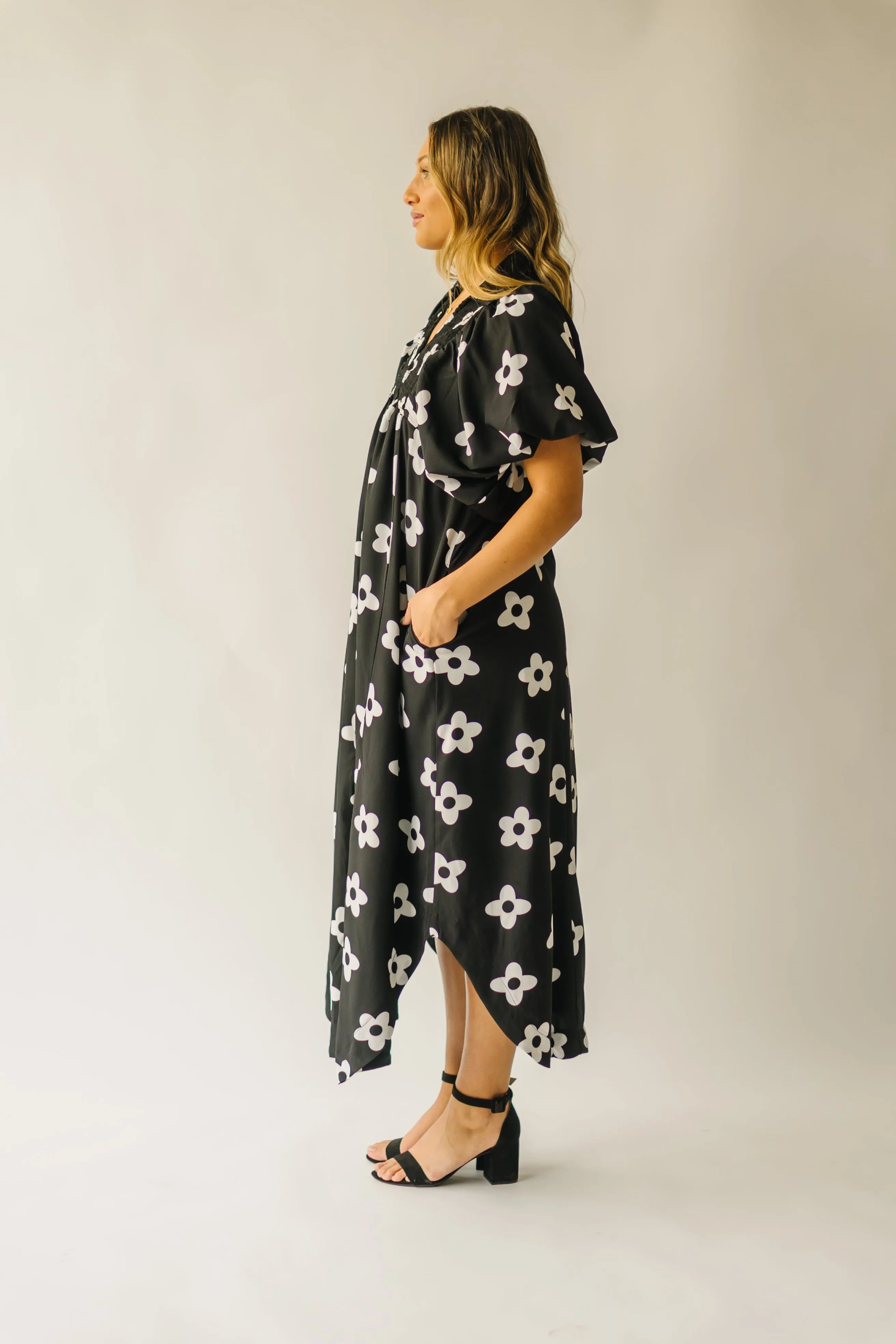 Black Smocked Detail Midi Dress