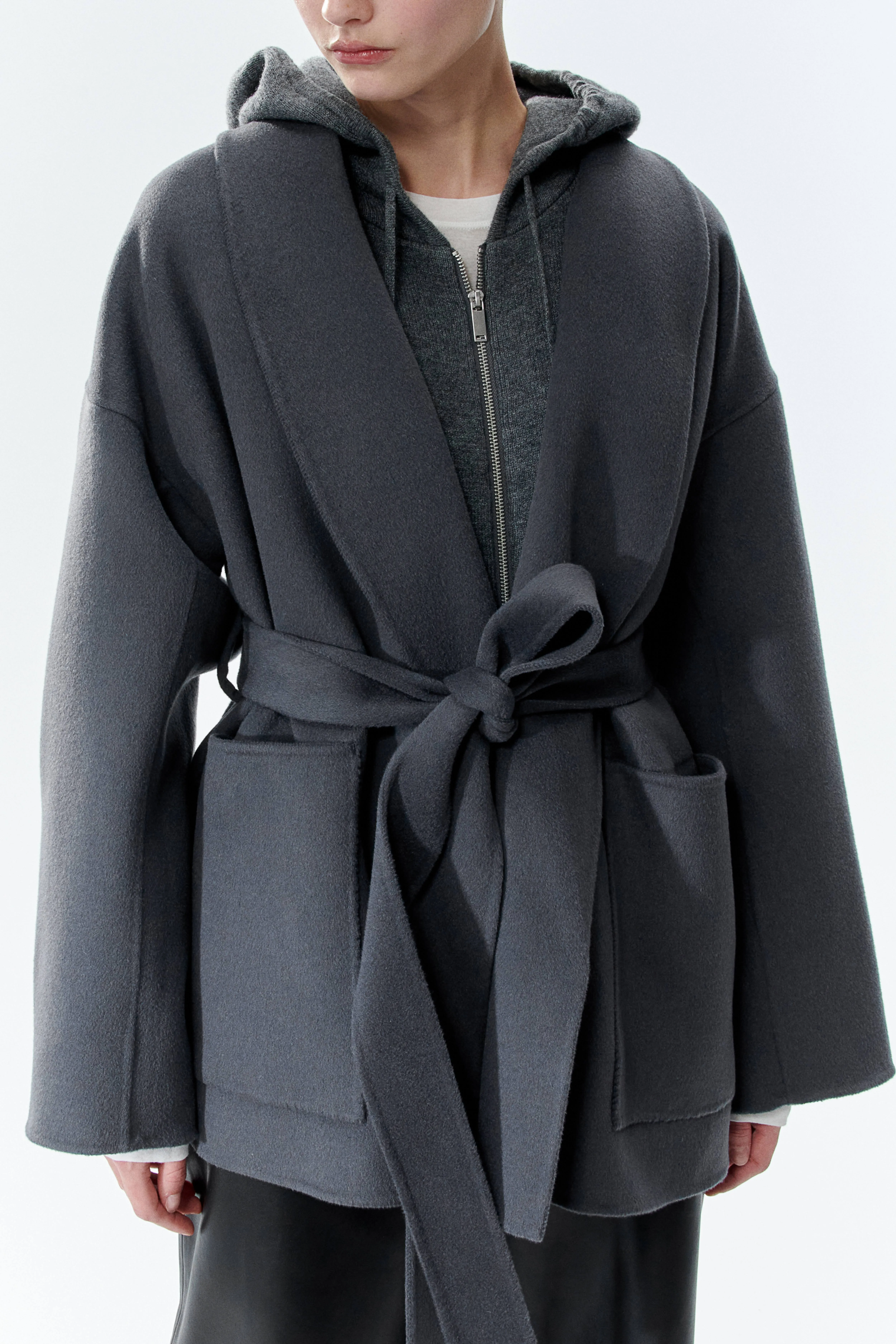 Tie-belt Wool Coat - Long Sleeve - Regular Length - Dark Grey - Ladies