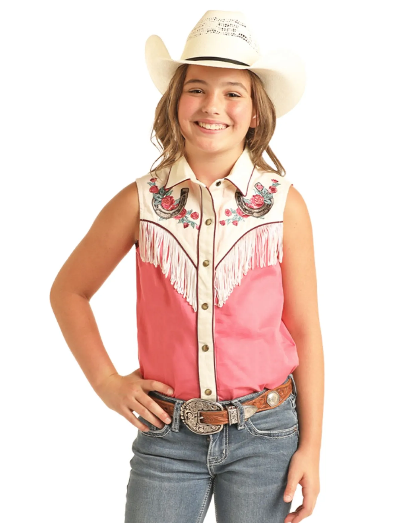 Women's Pink Retro Pearl Snap Vest Life On The Prairie Top, White