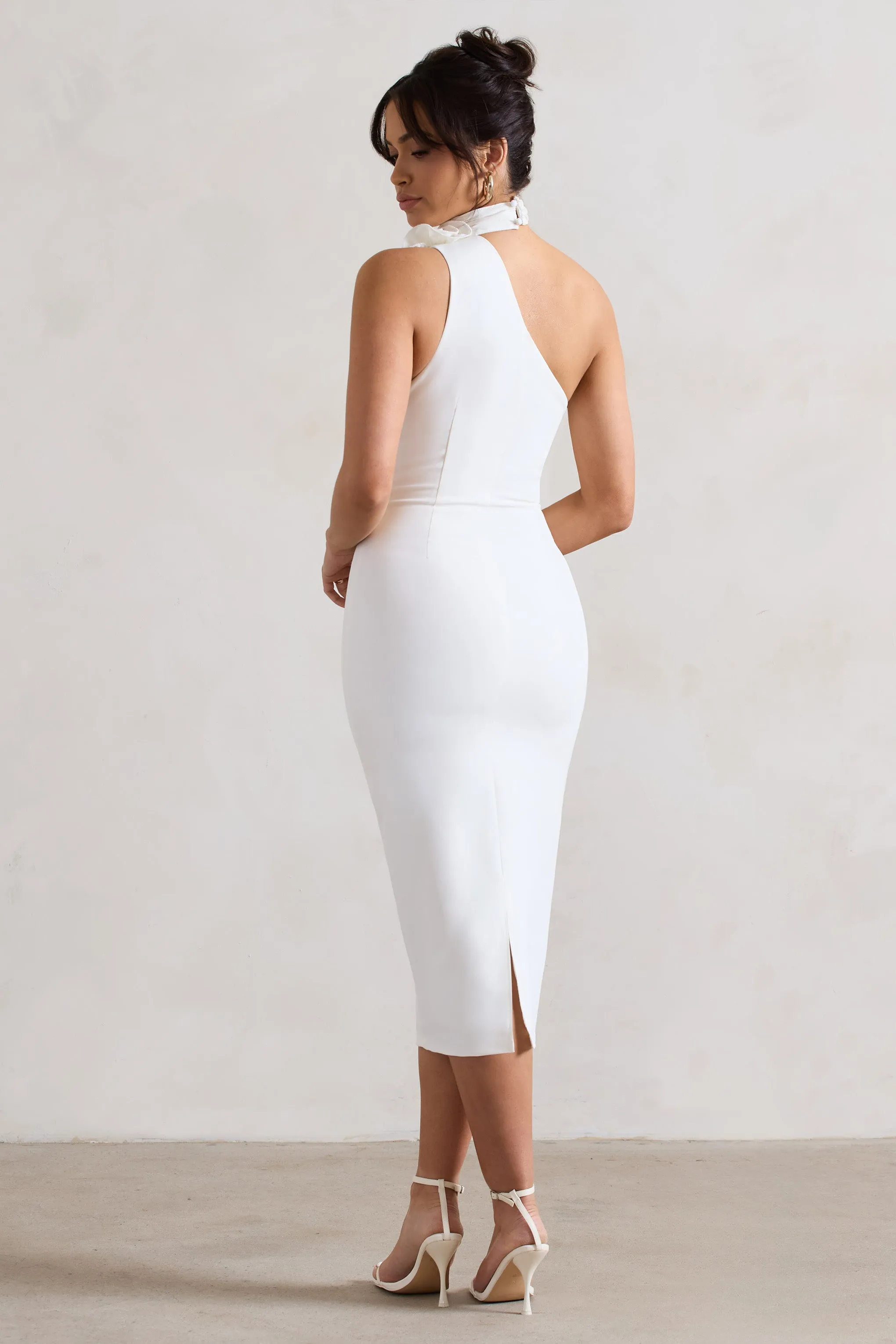 White Bodycon Midi Dress With Ruffled Choker