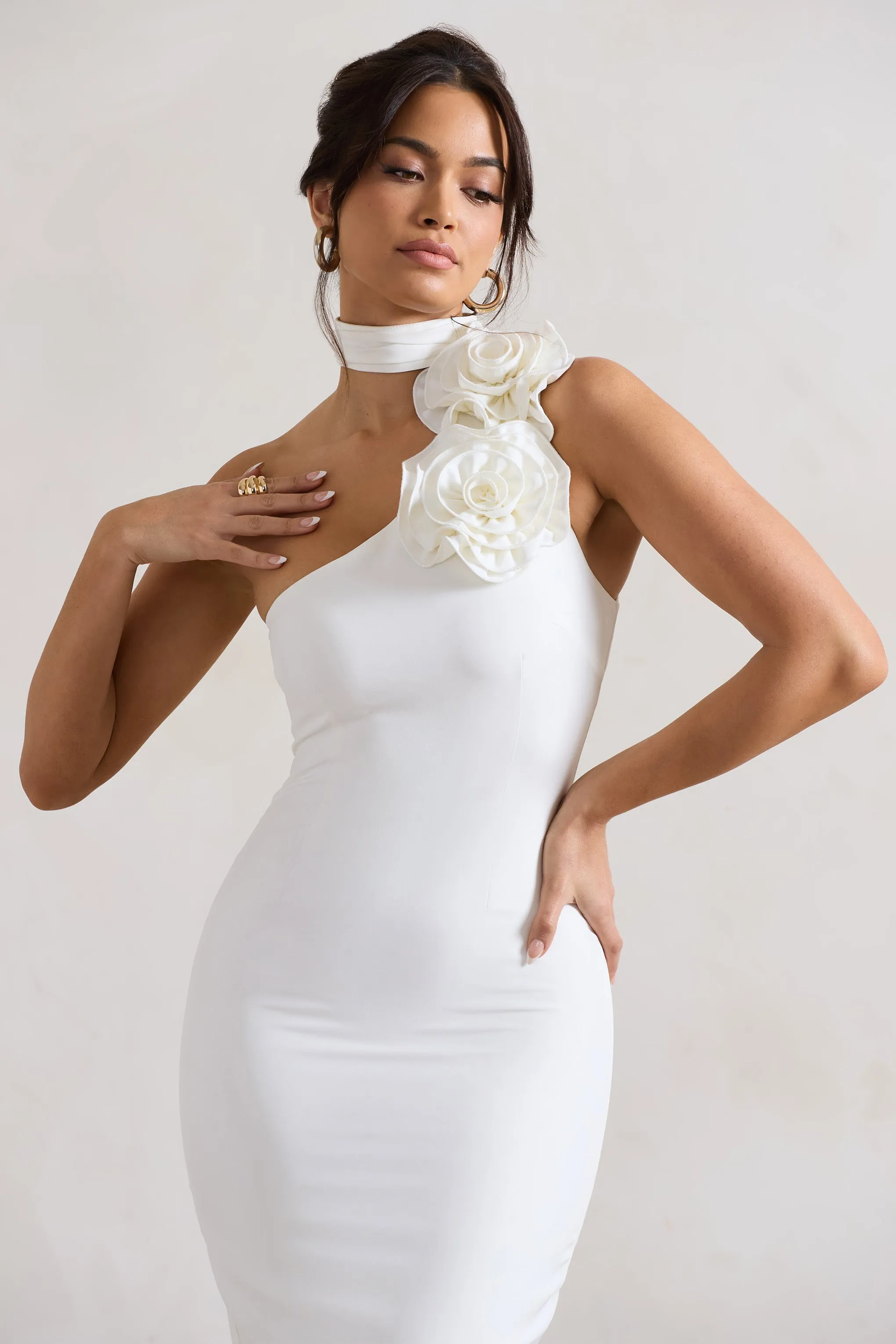 White Bodycon Midi Dress With Ruffled Choker