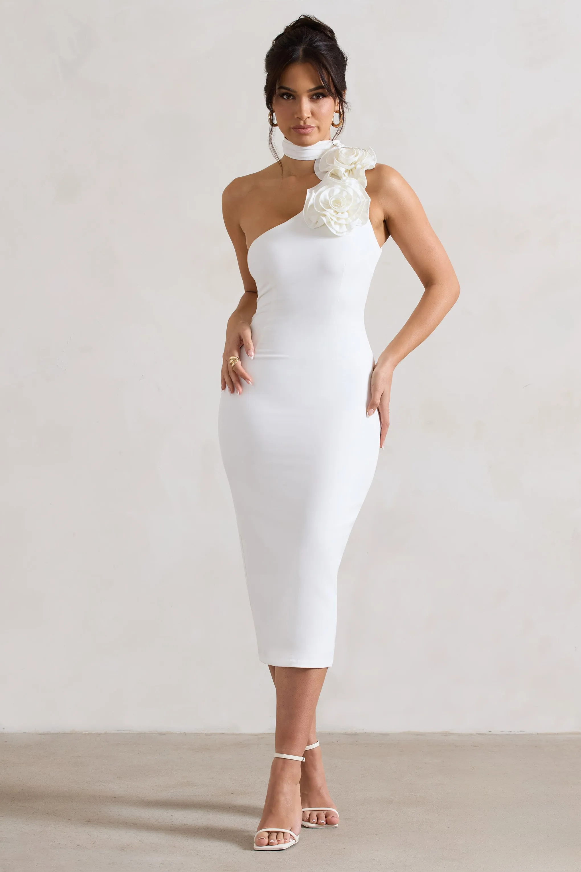 White Bodycon Midi Dress With Ruffled Choker