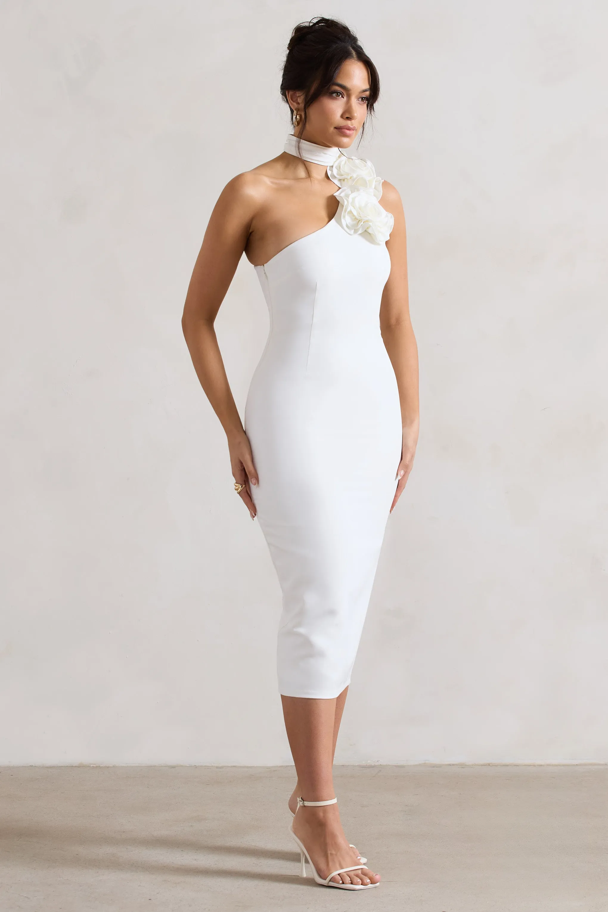 White Bodycon Midi Dress With Ruffled Choker