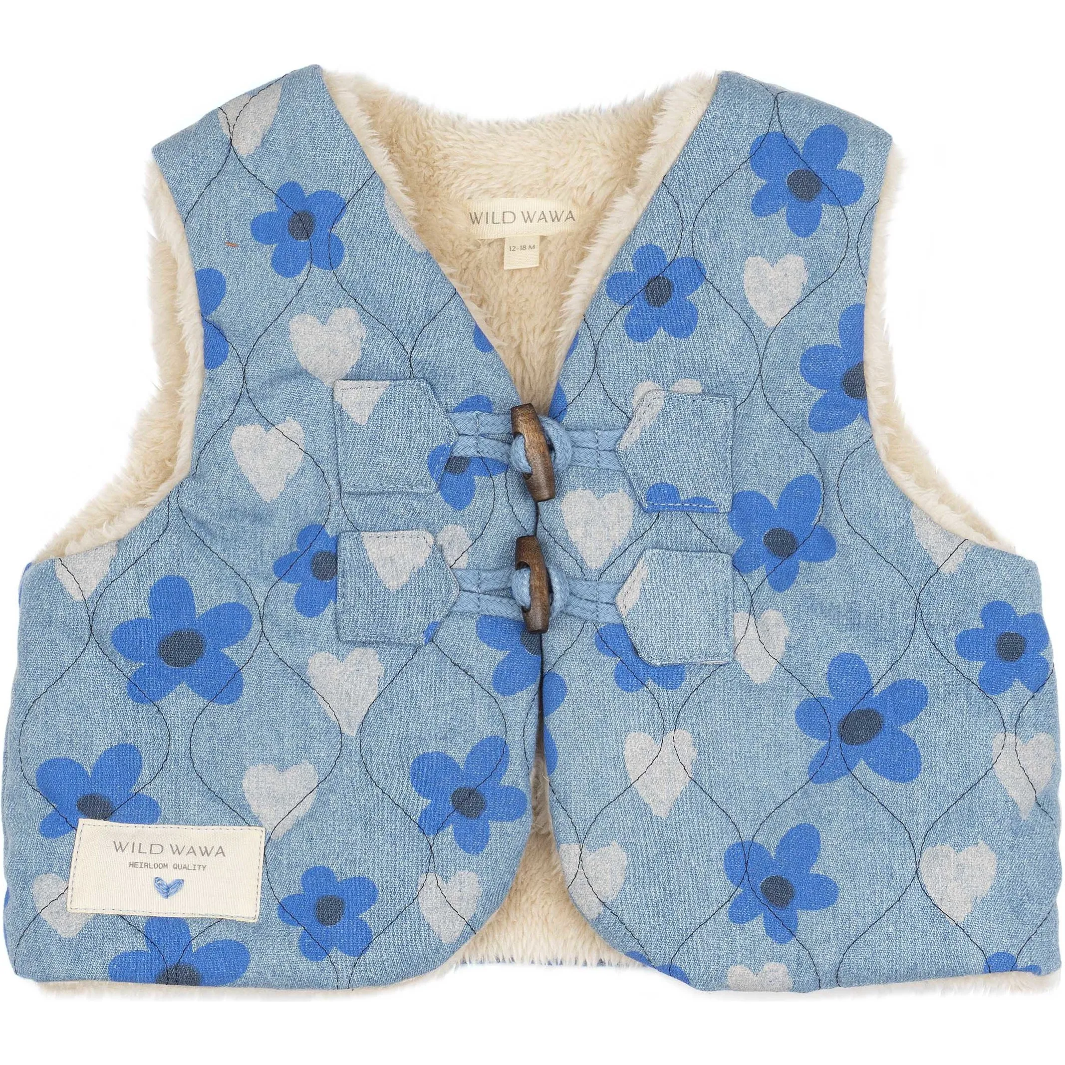 Wild Wawa Floral Hearts Denim Quilted Vest