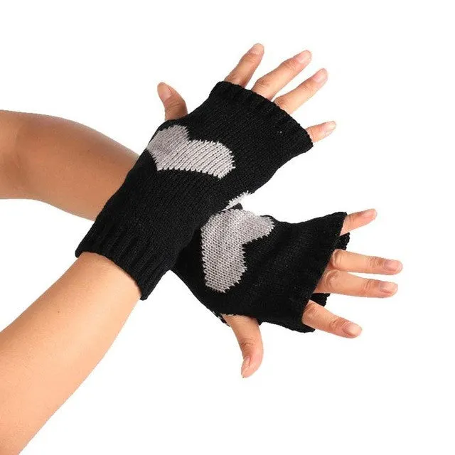 Heart Pattern Knitted Fingerless Gloves Women's Fashion Mittens