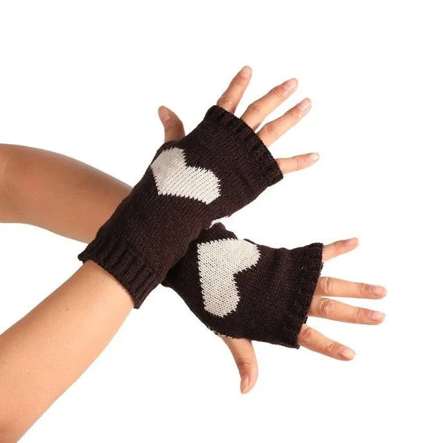 Heart Pattern Knitted Fingerless Gloves Women's Fashion Mittens