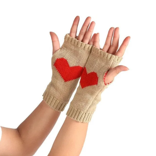 Heart Pattern Knitted Fingerless Gloves Women's Fashion Mittens