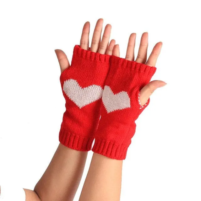 Heart Pattern Knitted Fingerless Gloves Women's Fashion Mittens