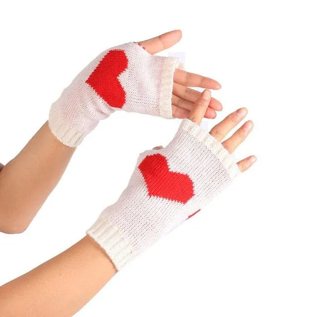 Heart Pattern Knitted Fingerless Gloves Women's Fashion Mittens